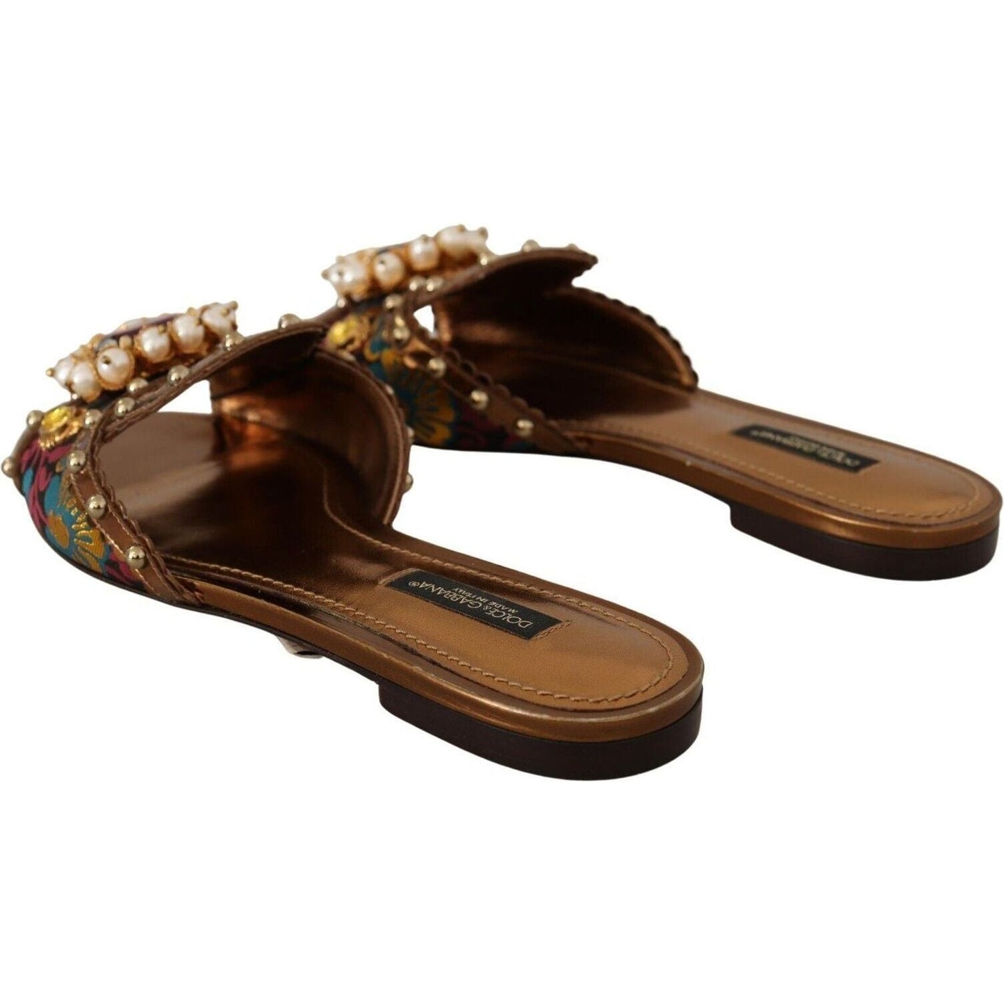 Dolce & Gabbana Chic Floral Print Flat Sandals with Faux Pearl Detail multicolor-floral-embellished-slides-flats-shoes