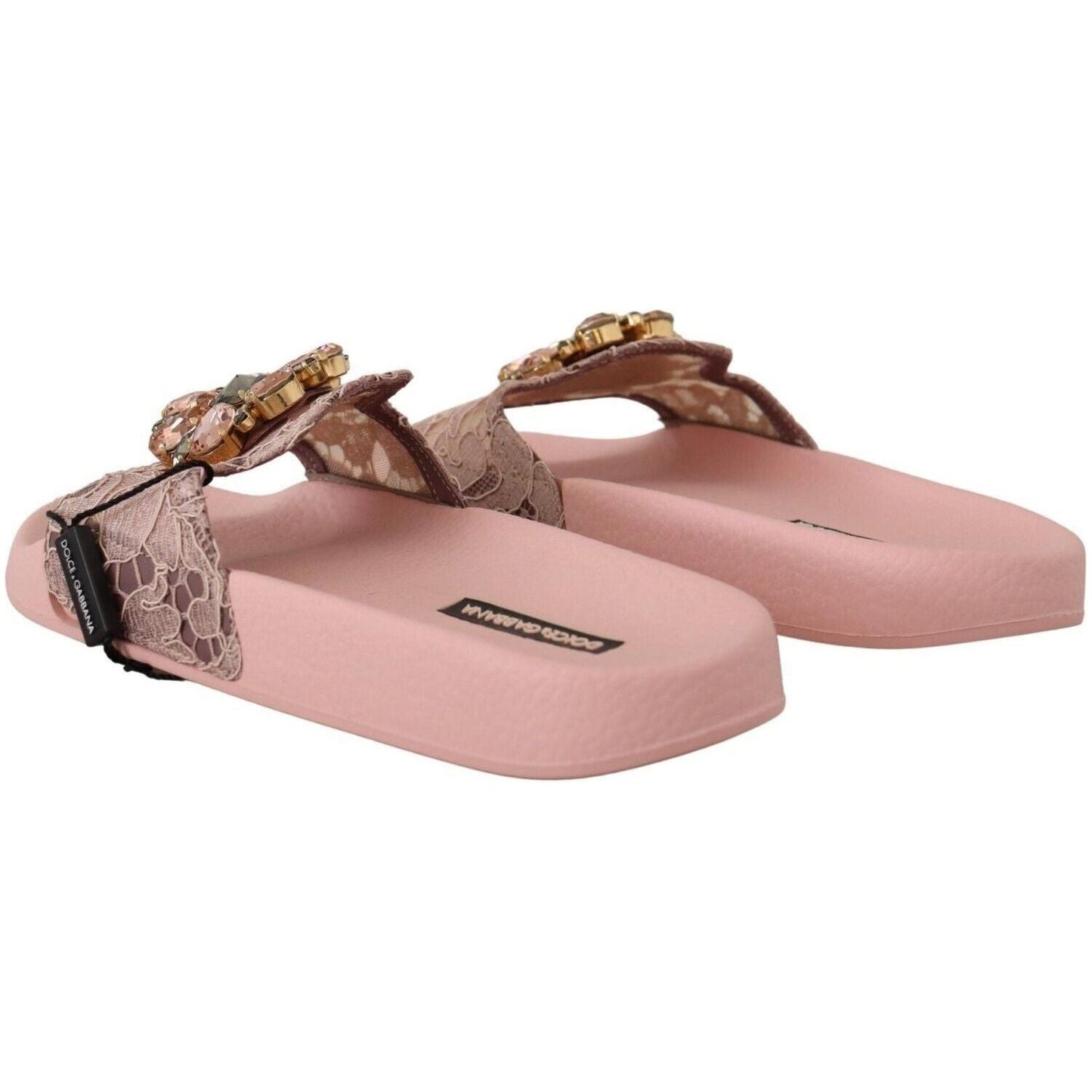 Dolce & Gabbana Floral Lace Crystal Embellished Slide Flats pink-lace-crystal-sandals-slides-beach-shoes