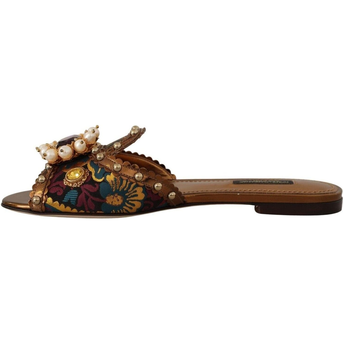 Dolce & Gabbana Chic Floral Print Flat Sandals with Faux Pearl Detail multicolor-floral-embellished-slides-flats-shoes