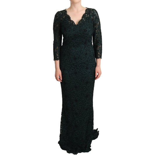 Dolce & Gabbana Elegant Lace Floor-Length V-Neck Dress green-floral-lace-maxi-floor-length-dress