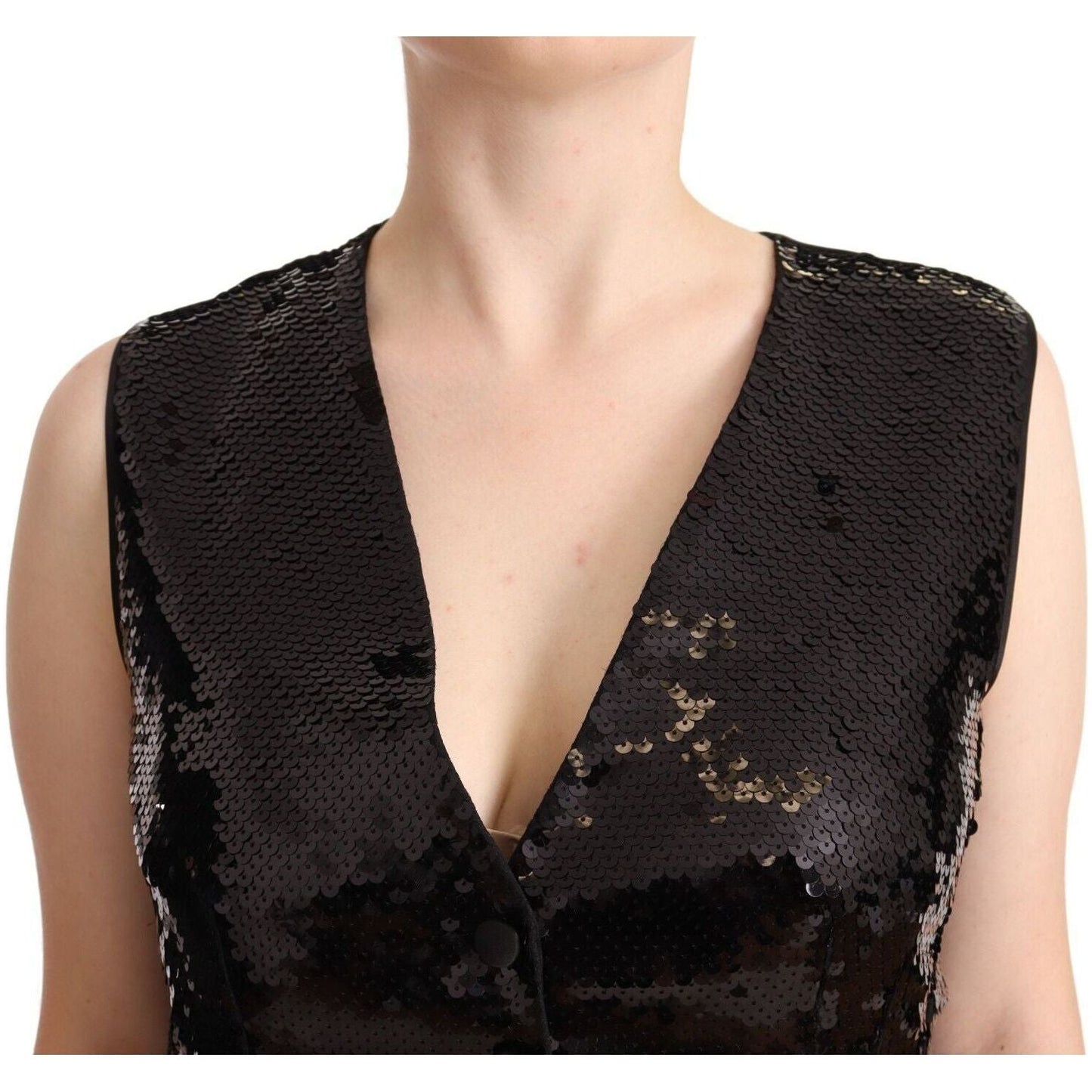 Dolce & Gabbana Elegant Black Sequined Sleeveless Vest Top WOMAN TOPS AND SHIRTS black-sequin-v-neck-sleeveless-vest-tank-top