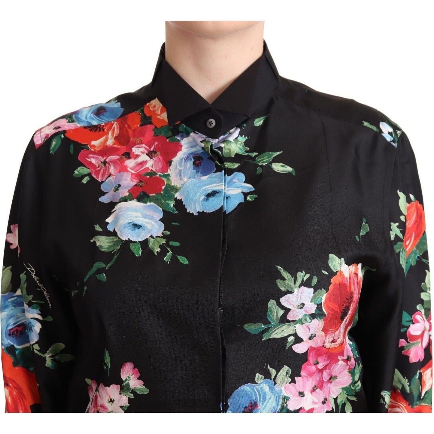 Dolce & Gabbana Elegant Floral Silk-Cotton Polo Blouse WOMAN TOPS AND SHIRTS black-floral-print-collared-polo-blouse-top