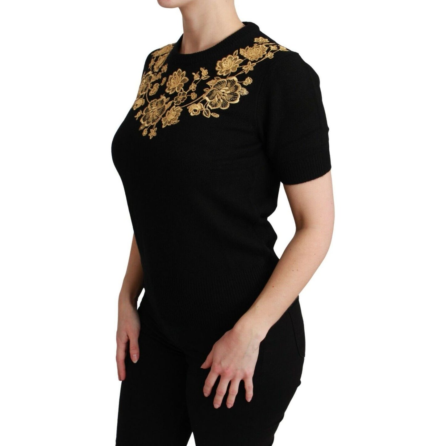 Dolce & Gabbana Elegant Black Cashmere Sweater Top WOMAN TOPS AND SHIRTS black-cashmere-gold-floral-sweater-top-1