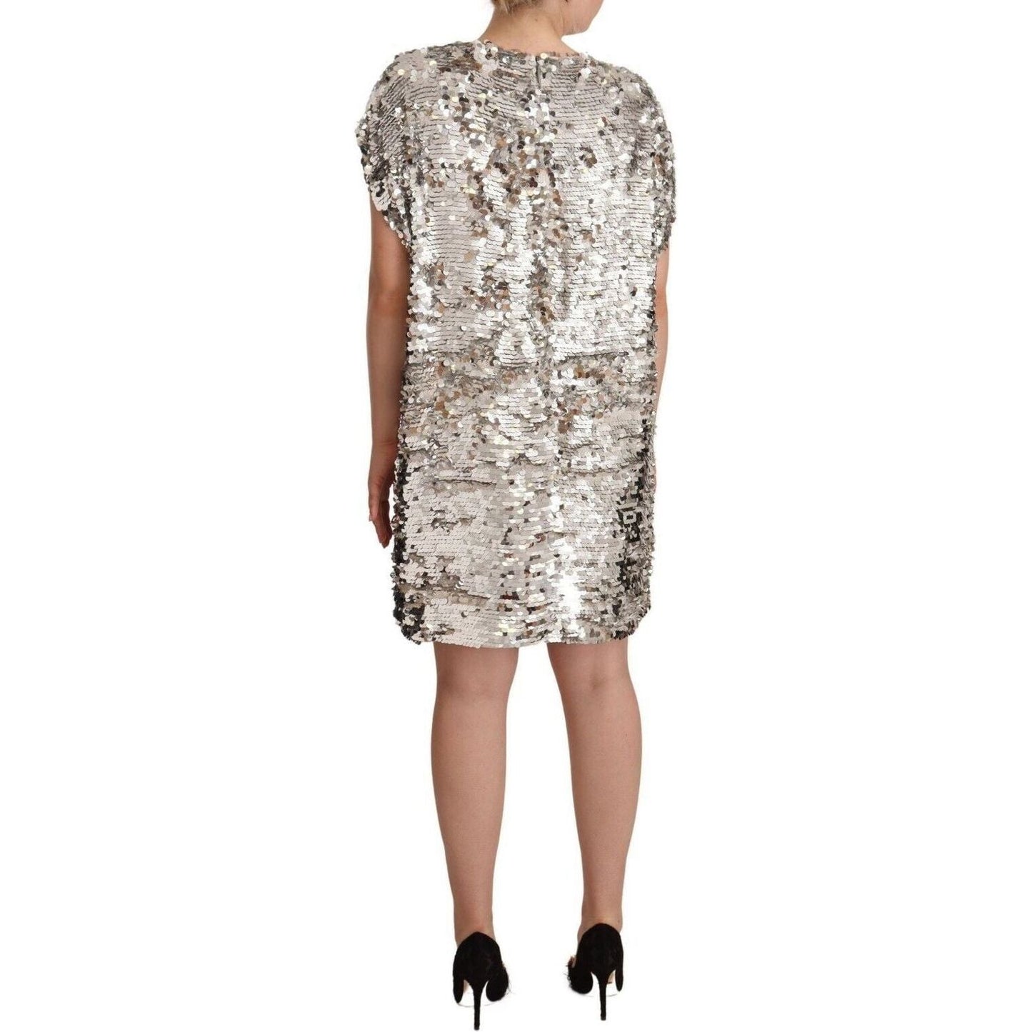 MSGM Elegant Sequined Boat Neck Mini Dress silver-sequined-polyester-short-sleeves-shift-mini-dress