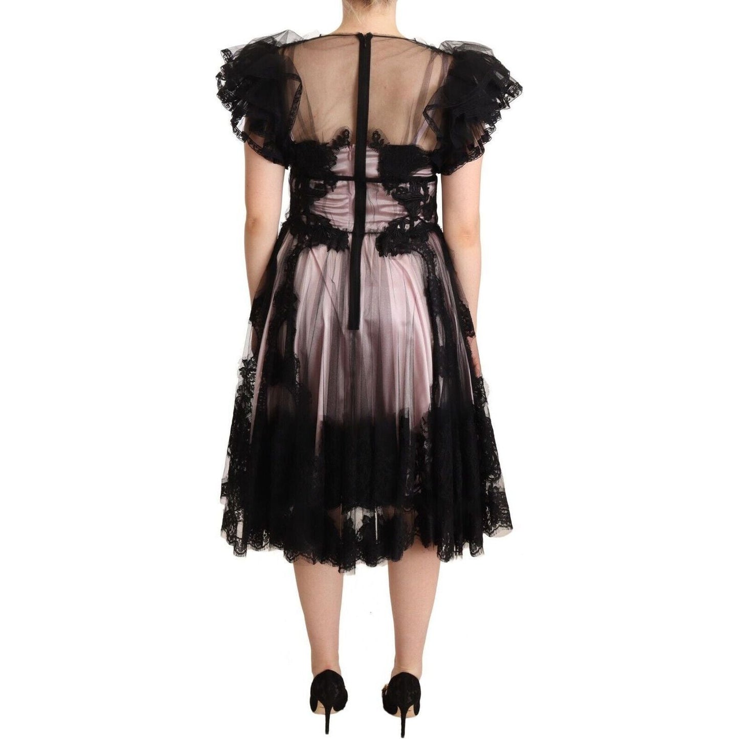 Dolce & Gabbana Chic Black Floral Lace Midi Dress WOMAN DRESSES black-pink-floral-lace-a-line-midi-sheer-dress