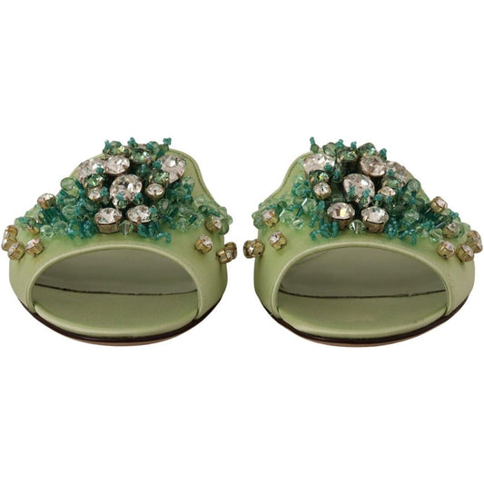 Dolce & Gabbana Elegant Crystal-Embellished Green Leather Slides green-leather-crystals-slides-women-flats-shoes