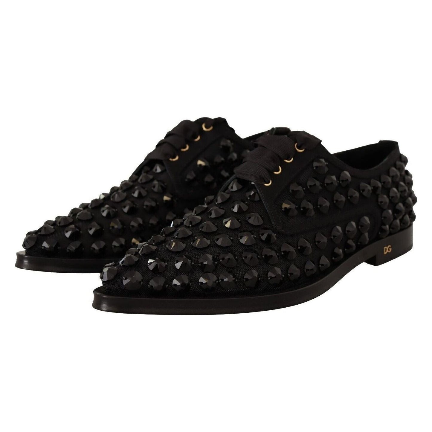 Dolce & Gabbana Elegant Gros Grain Lace-Up Jeweled Flats black-lace-up-studded-formal-flats-shoes
