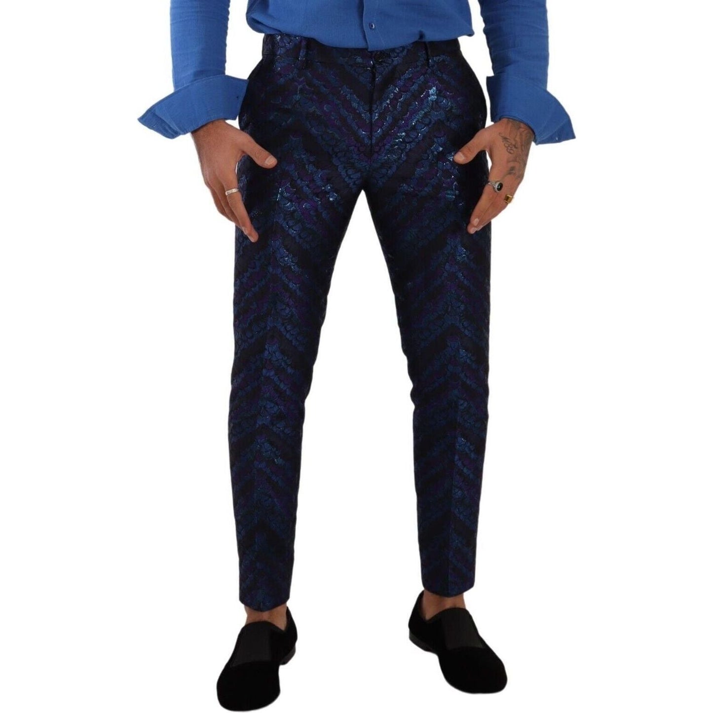 Dolce & Gabbana Elegant Slim Fit Men's Dress Pants blue-purple-jacquard-formal-trouser-dress-pants