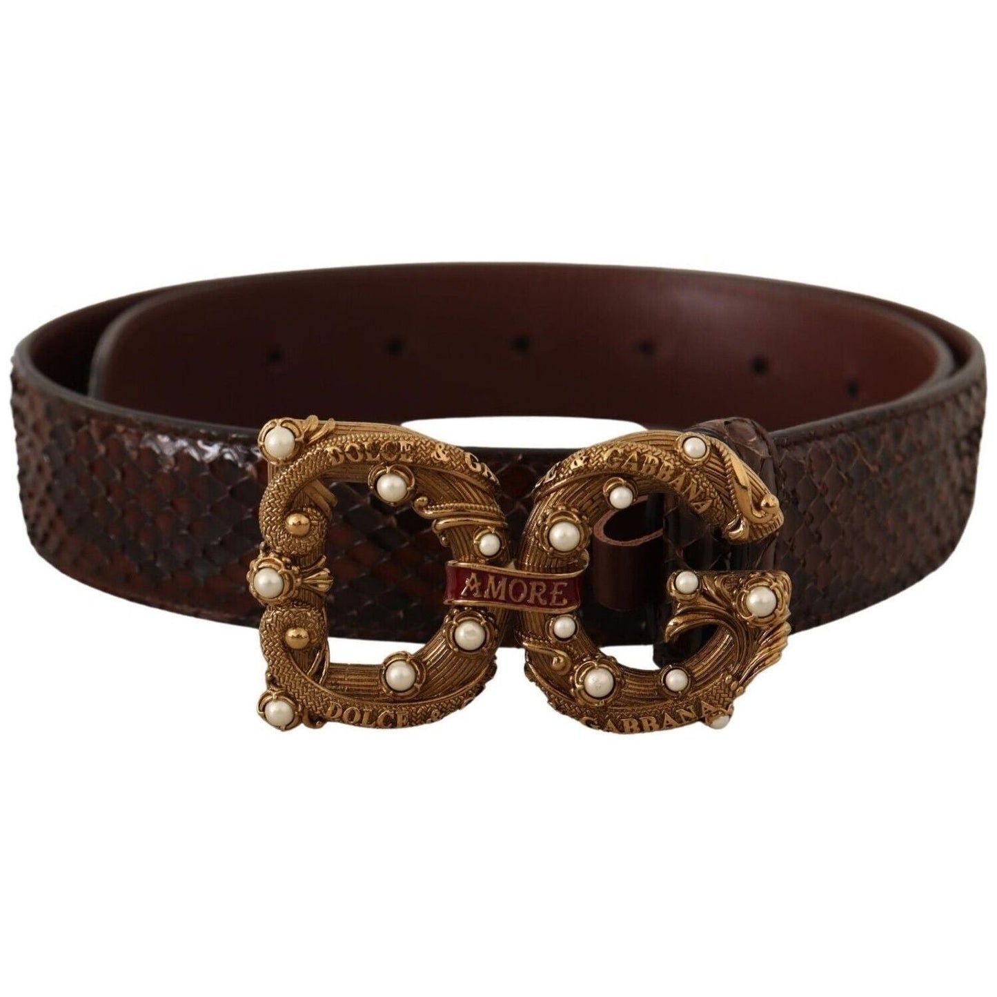 Dolce & Gabbana Elegant Phyton Leather Pearl Buckle Belt WOMAN BELTS brown-exotic-leather-logo-buckle-amore-belt-2