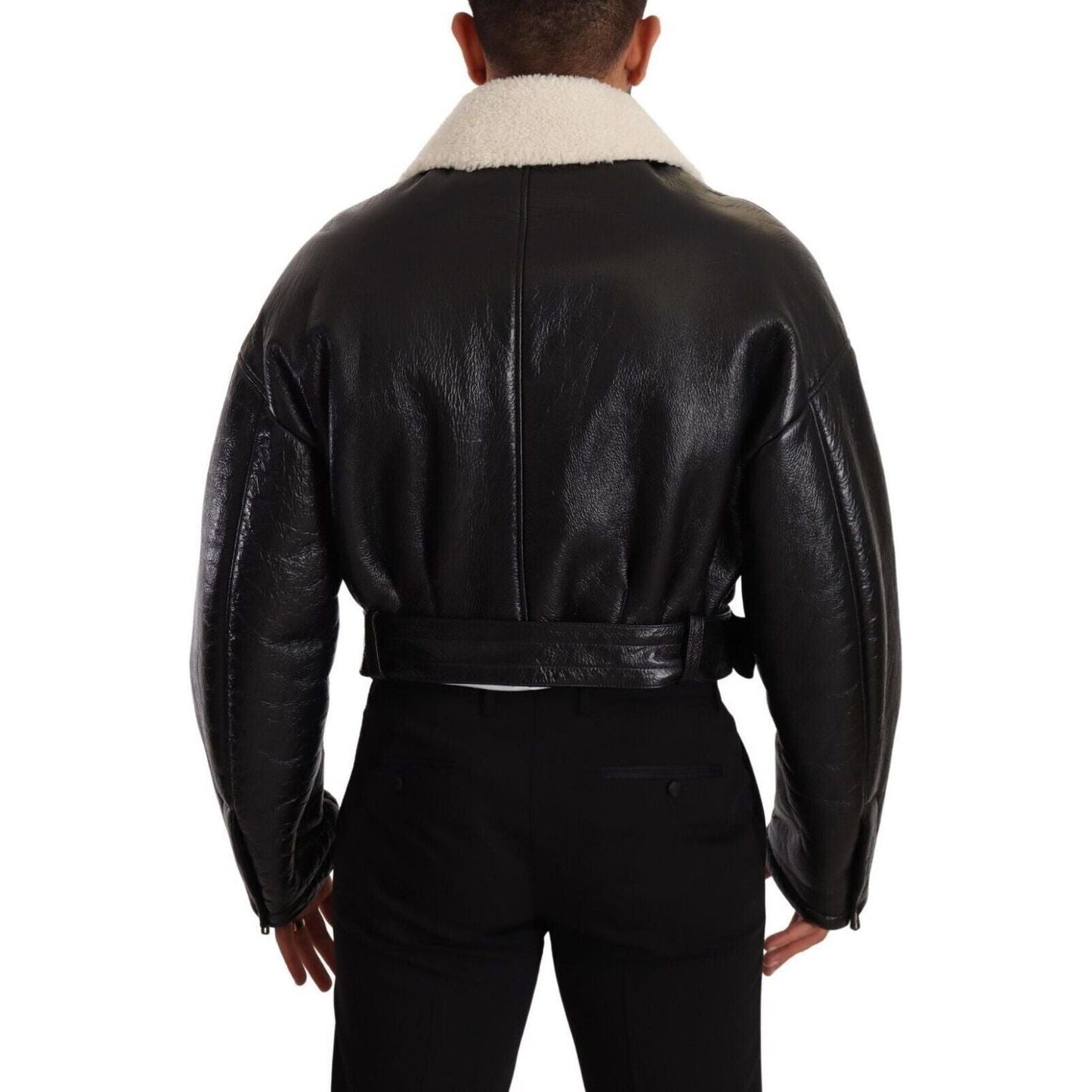 Dolce & Gabbana Elegant Shearling Biker Jacket black-leather-shearling-biker-coat-jacket