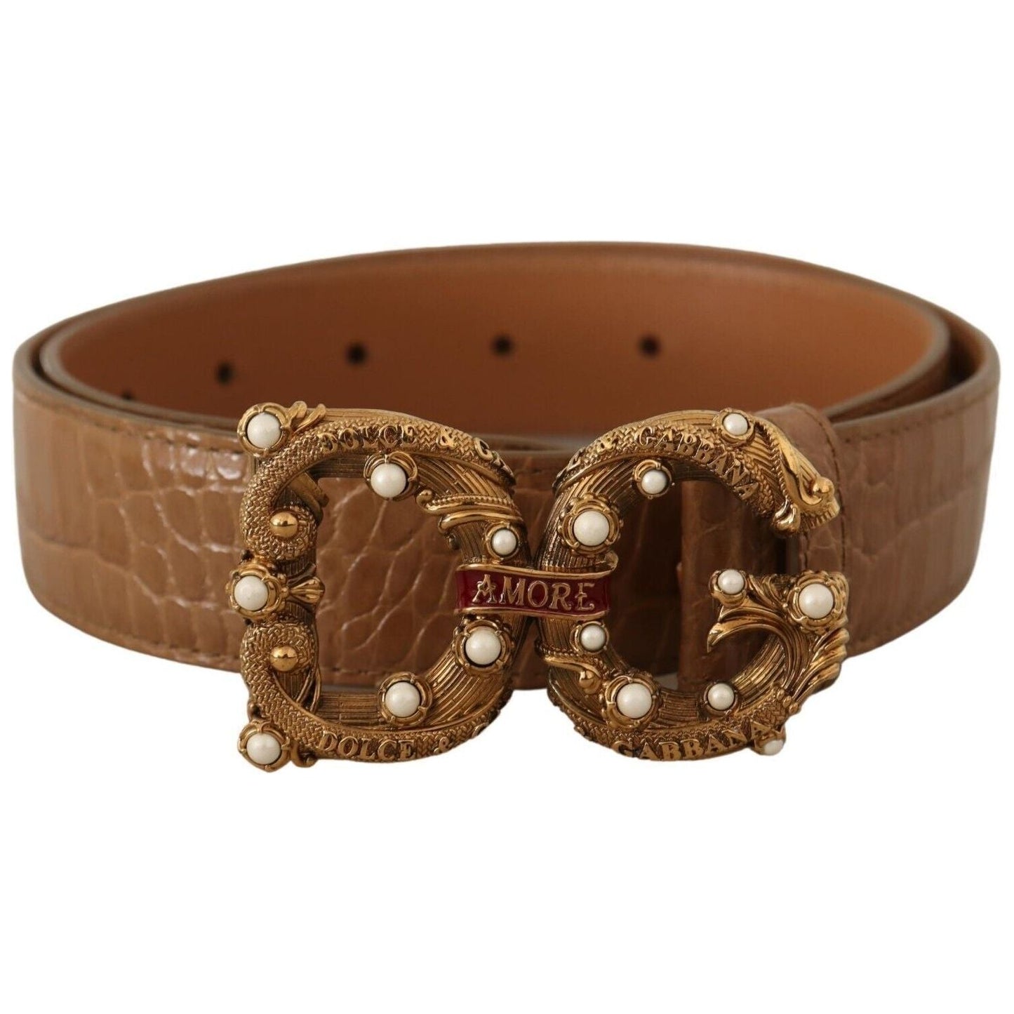 Dolce & Gabbana Elegant Croco Leather Amore Belt with Pearls WOMAN BELTS brown-crocodile-pattern-leather-logo-amore-belt