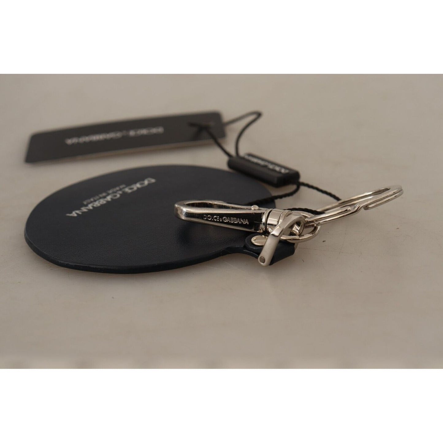 Dolce & Gabbana Chic Black Leather Keychain with Silver Accents black-leather-shell-metal-silver-tone-keyring-keychain