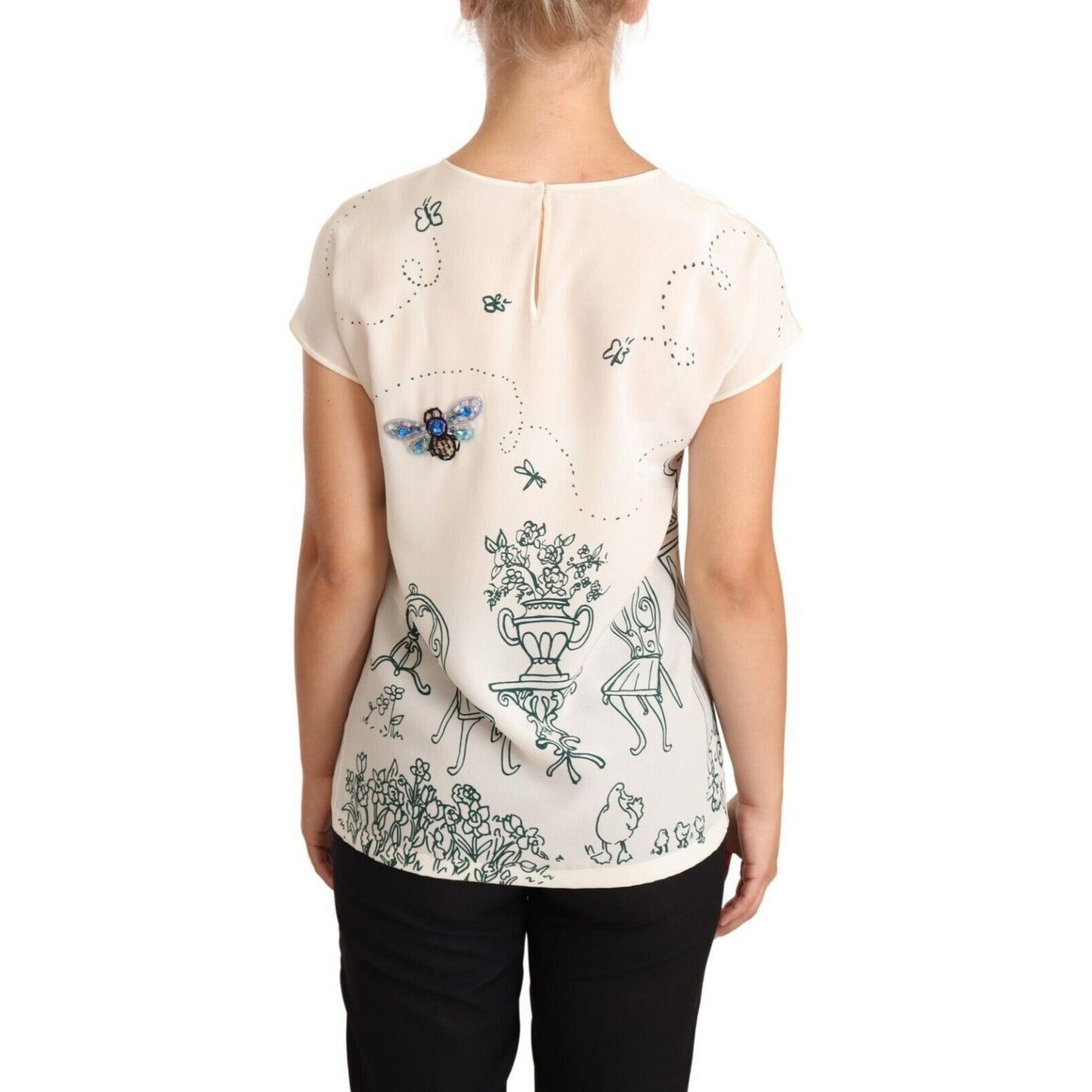 Dolce & Gabbana Elegant Silk Botanical Garden Fountain Tee Blouse Top white-silk-garden-fountain-t-shirt-blouse