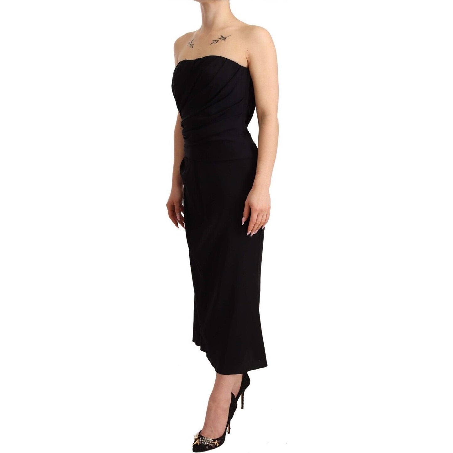 Dolce & Gabbana Elegant Strapless Silk Midi Dress black-silk-stretch-strapless-sheath-midi-dress