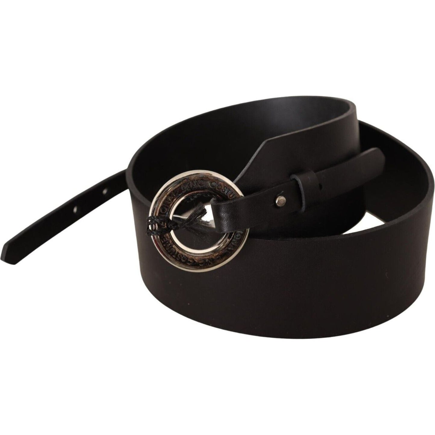 Costume National Chic Leather Fashion Belt with Silver-Tone Buckle black-leather-silver-round-buckle-belt