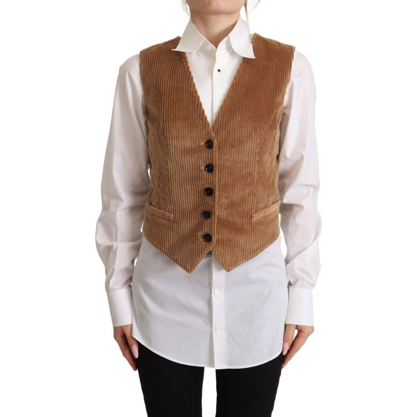 Dolce & Gabbana Elegant Sleeveless V-Neck Corduroy Vest brown-corduroy-leopard-v-neck-sleeveless-vest-top