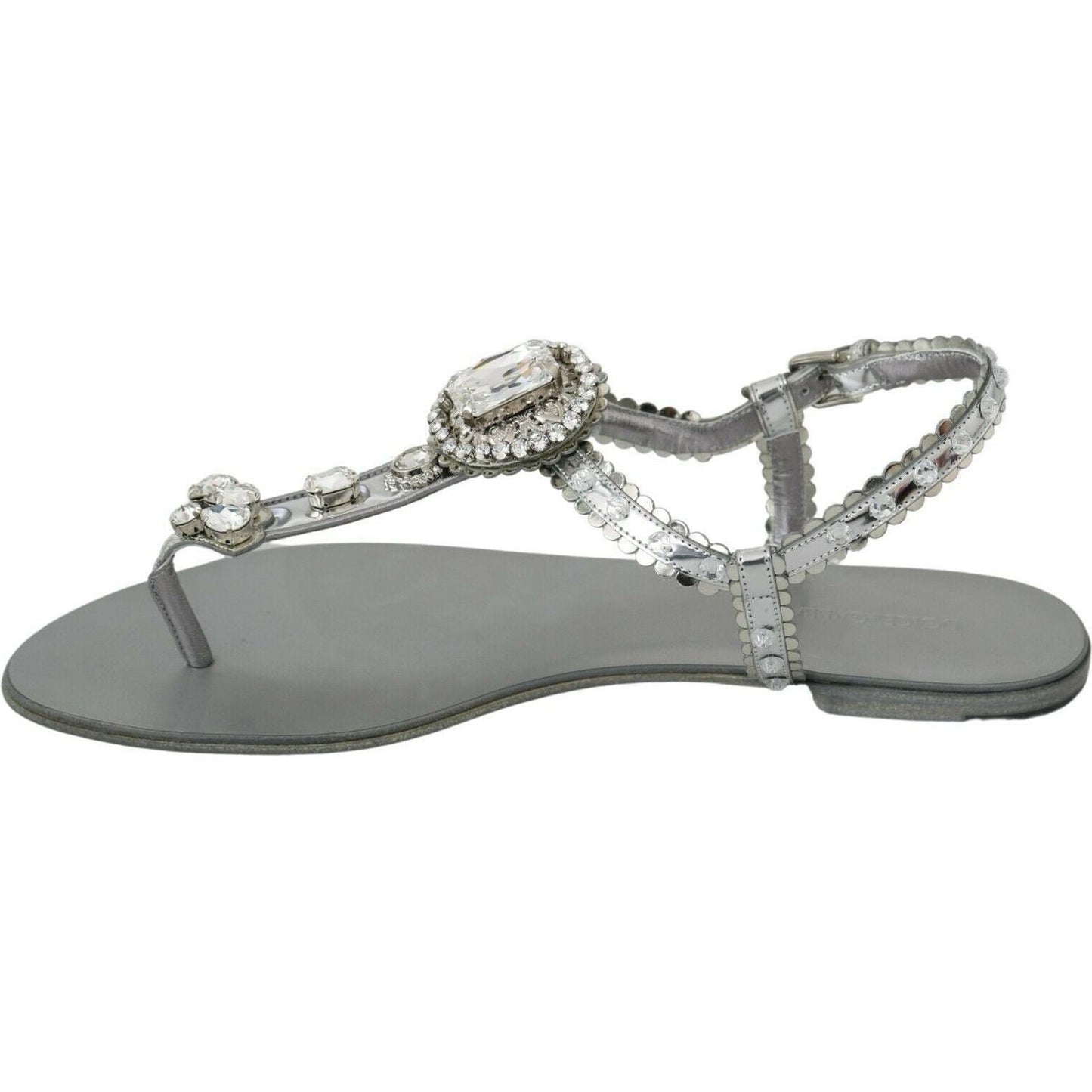 Dolce & Gabbana Elegant Silver Flats with Crystal Embellishments silver-crystal-sandals-flip-flops-shoes