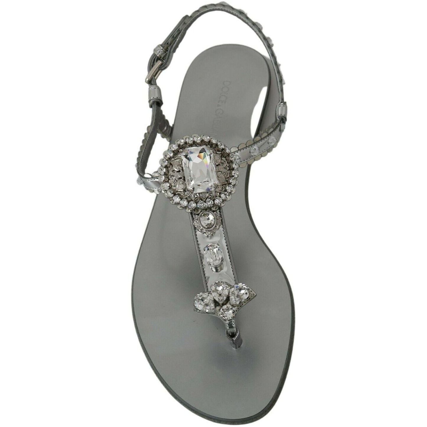 Dolce & Gabbana Elegant Silver Flats with Crystal Embellishments silver-crystal-sandals-flip-flops-shoes
