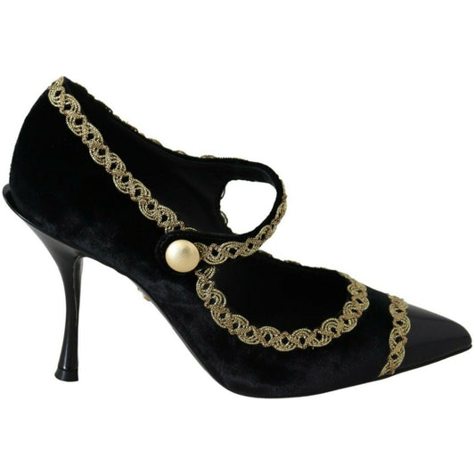 Dolce & Gabbana Elegant Gold-Embroidered Black Velvet Pumps WOMAN PUMPS black-embellished-velvet-mary-jane-pumps-shoes