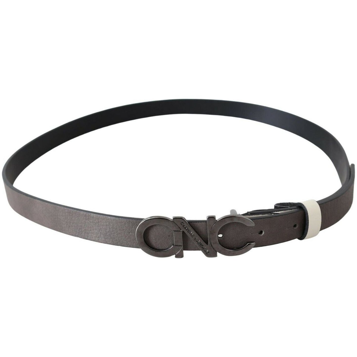 Costume National Metallic Gray Italian Leather Fashion Belt WOMAN BELTS belt-mettalic-gray-leather-logo-belt