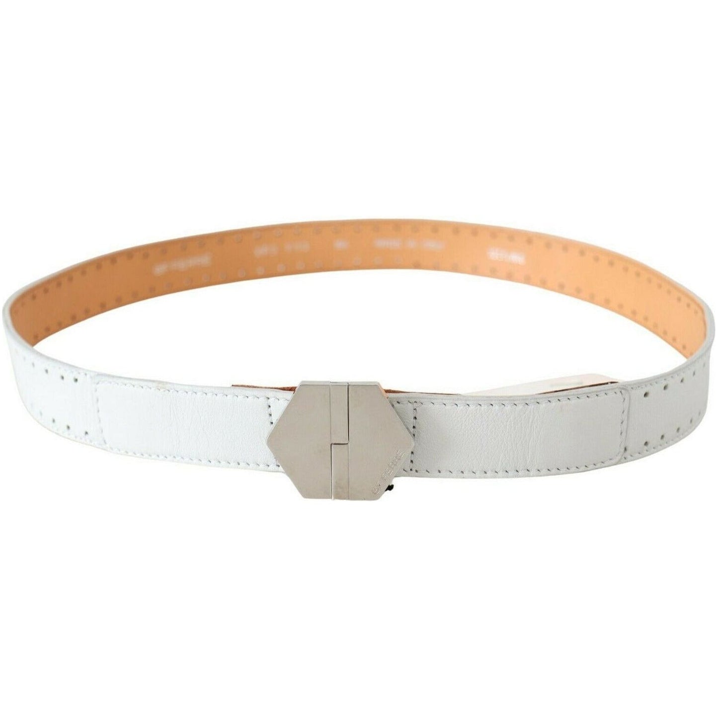 GF Ferre Elegant White Leather Fashion Belt white-leather-hexagon-logo-buckle-waist-belt