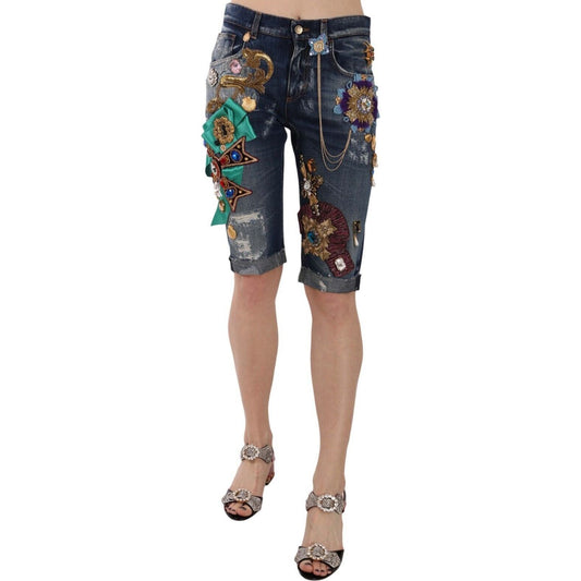 Dolce & Gabbana Elegant Knee-Length Embellished Denim Shorts Shorts blue-denim-mid-waist-crystal-capri-shorts