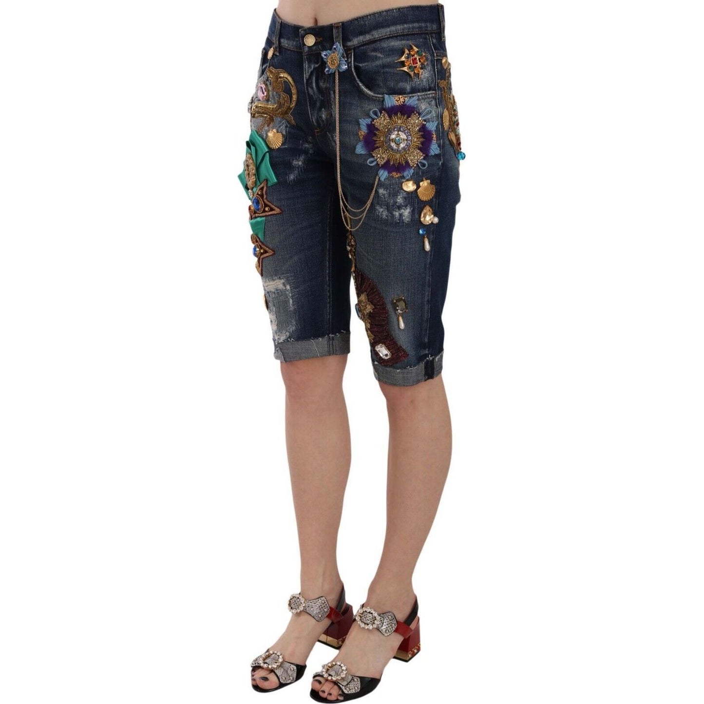 Dolce & Gabbana Elegant Knee-Length Embellished Denim Shorts Shorts blue-denim-mid-waist-crystal-capri-shorts