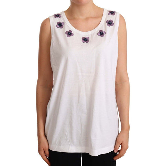 Dolce & Gabbana Floral Trim Logo Tank Top in White WOMAN T-SHIRTS white-cotton-floral-embroidery-tank-t-shirt-top
