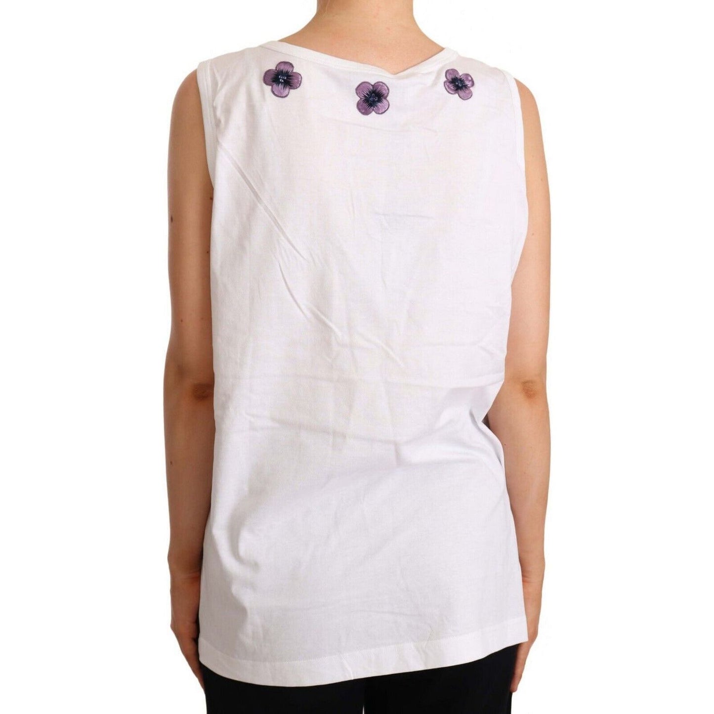 Dolce & Gabbana Floral Trim Logo Tank Top in White WOMAN T-SHIRTS white-cotton-floral-embroidery-tank-t-shirt-top