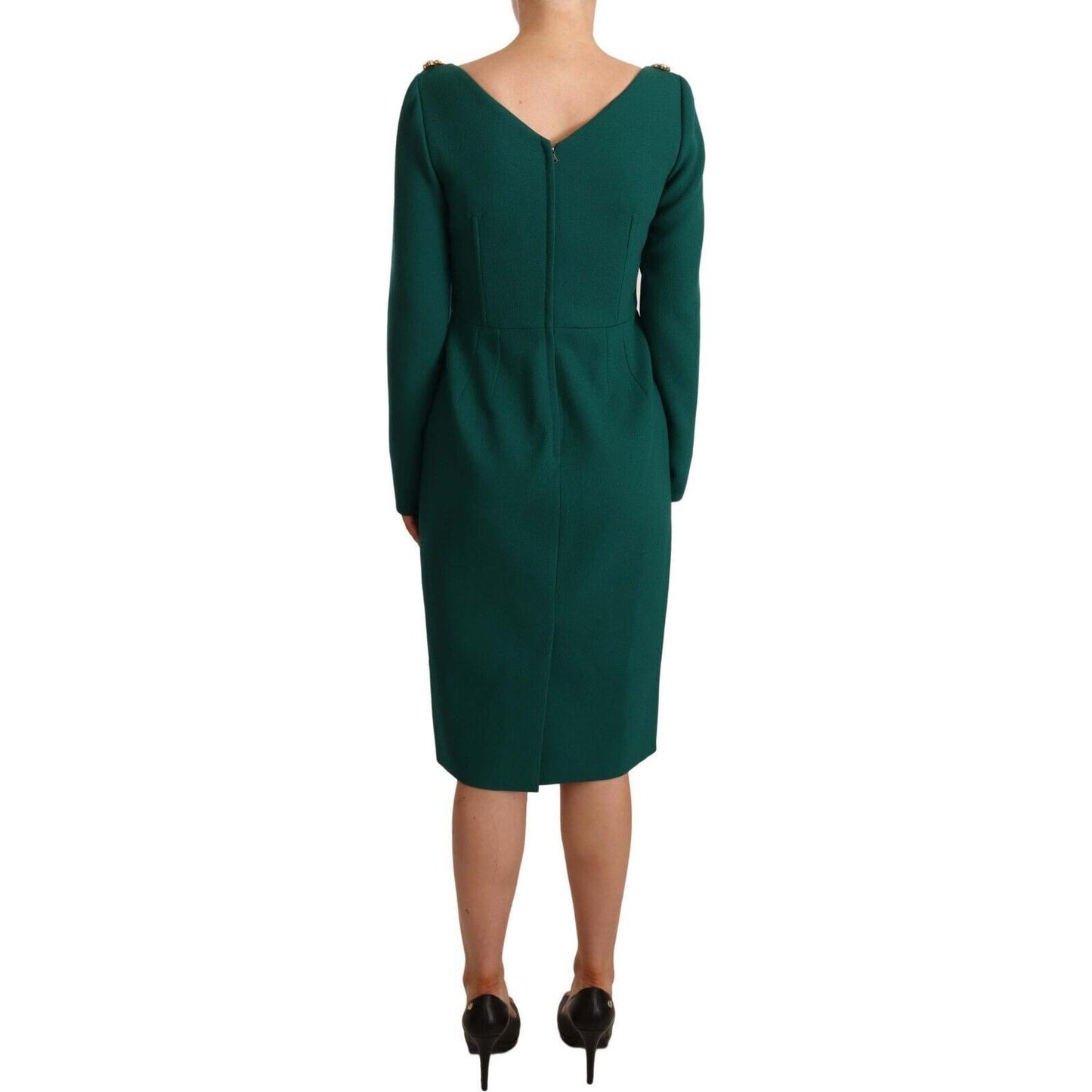 Dolce & Gabbana Emerald Green Midi Sheath Dress with Crystal Brooch green-stretch-crepe-crystal-midi-dress