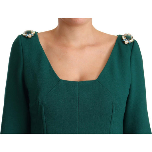 Dolce & Gabbana Emerald Green Midi Sheath Dress with Crystal Brooch green-stretch-crepe-crystal-midi-dress