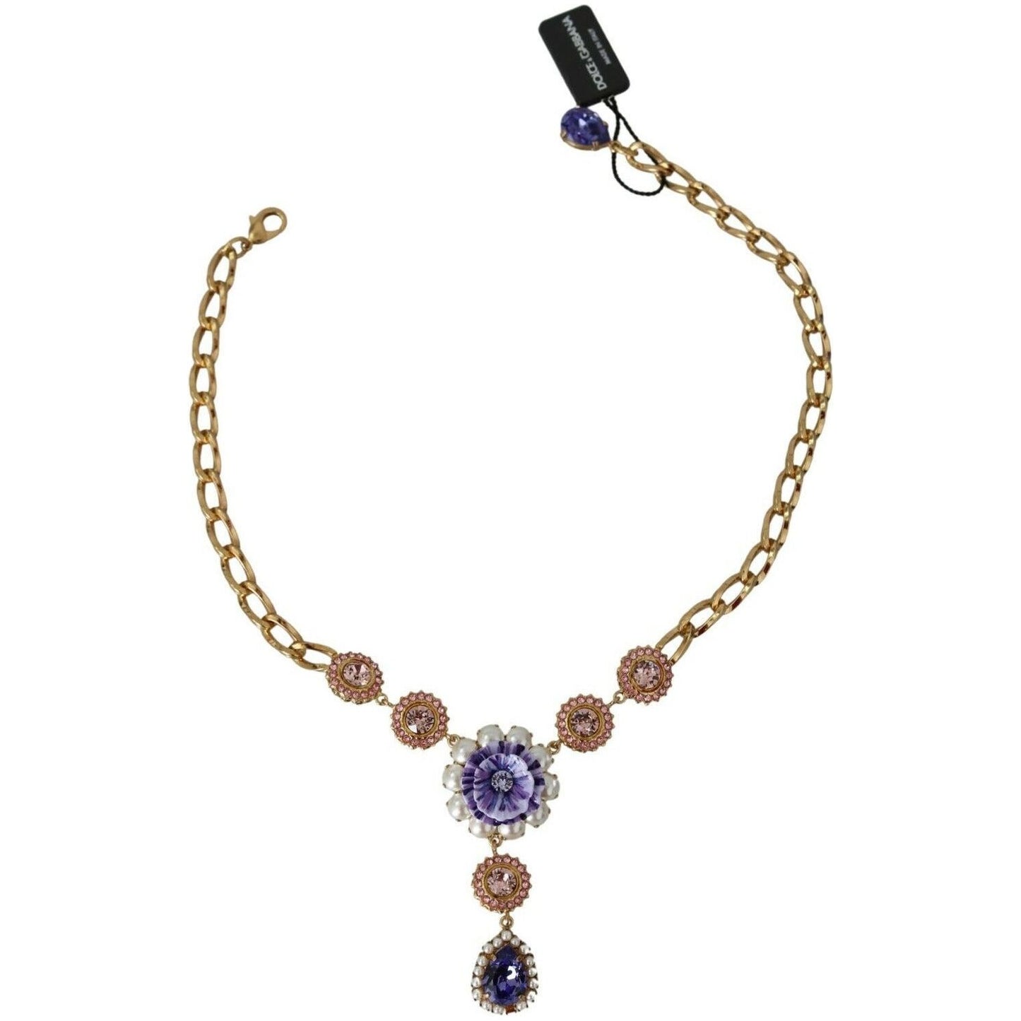 Dolce & Gabbana Elegant Gold Crystal Floral Charm Necklace WOMAN NECKLACE pink-gold-brass-crystal-purple-pearl-pendants