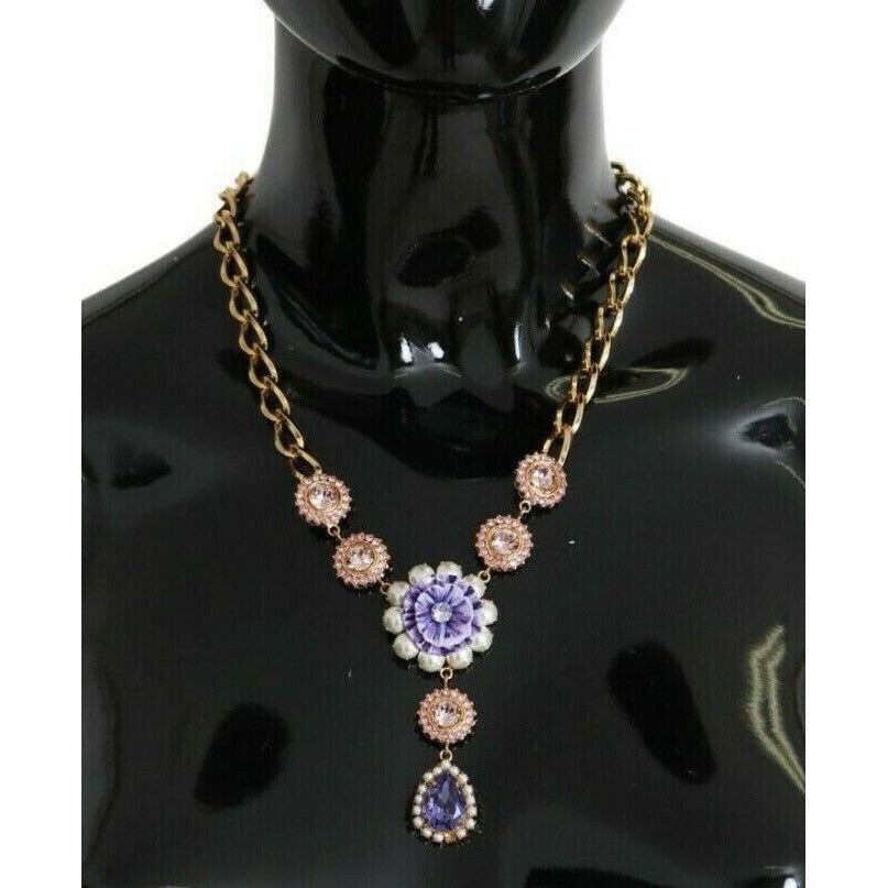 Dolce & Gabbana Elegant Gold Crystal Floral Charm Necklace WOMAN NECKLACE pink-gold-brass-crystal-purple-pearl-pendants