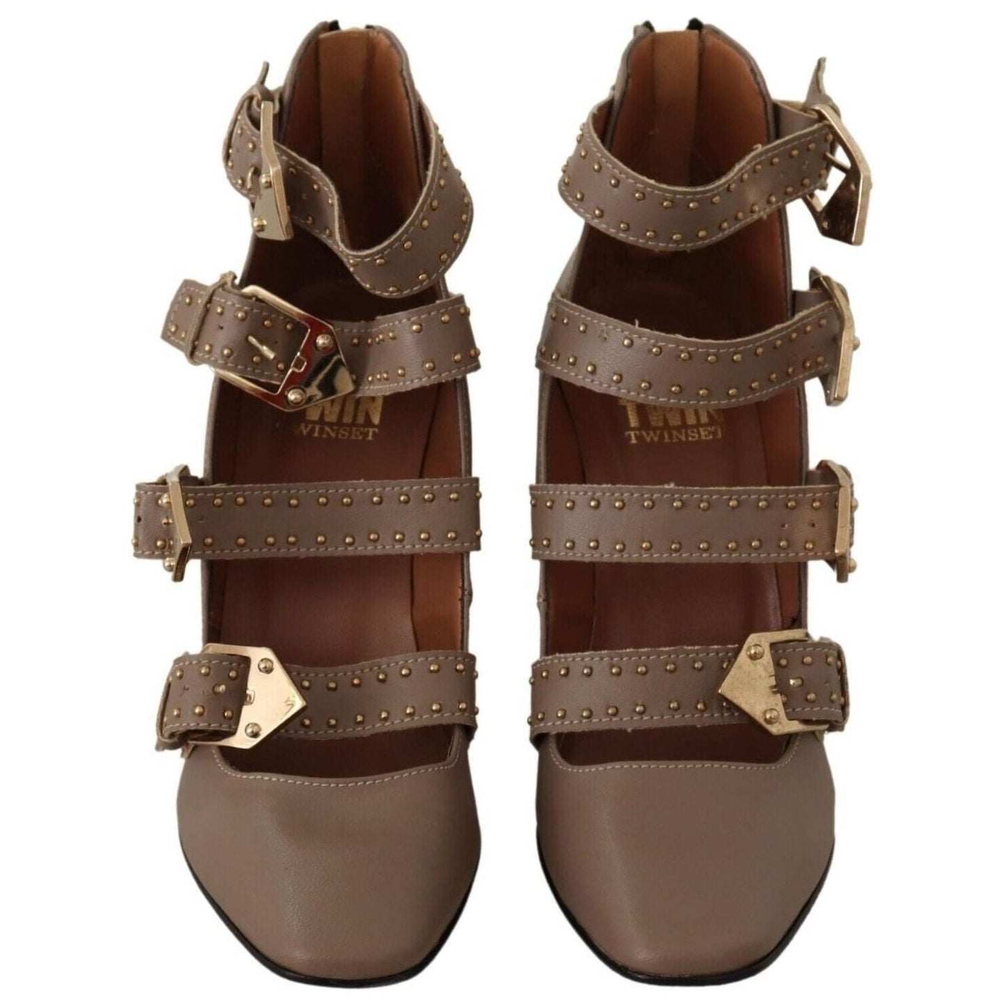 MY TWIN Elegant Leather Multi-Buckle Heels in Brown WOMAN PUMPS brown-leather-block-heels-multi-buckle-pumps-shoes