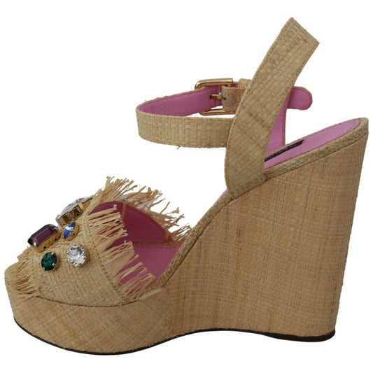 Dolce & Gabbana Beige Silk Strap Wedge Sandals Heeled Wedge beige-rhinestones-wedge-heel-sandals-shoes