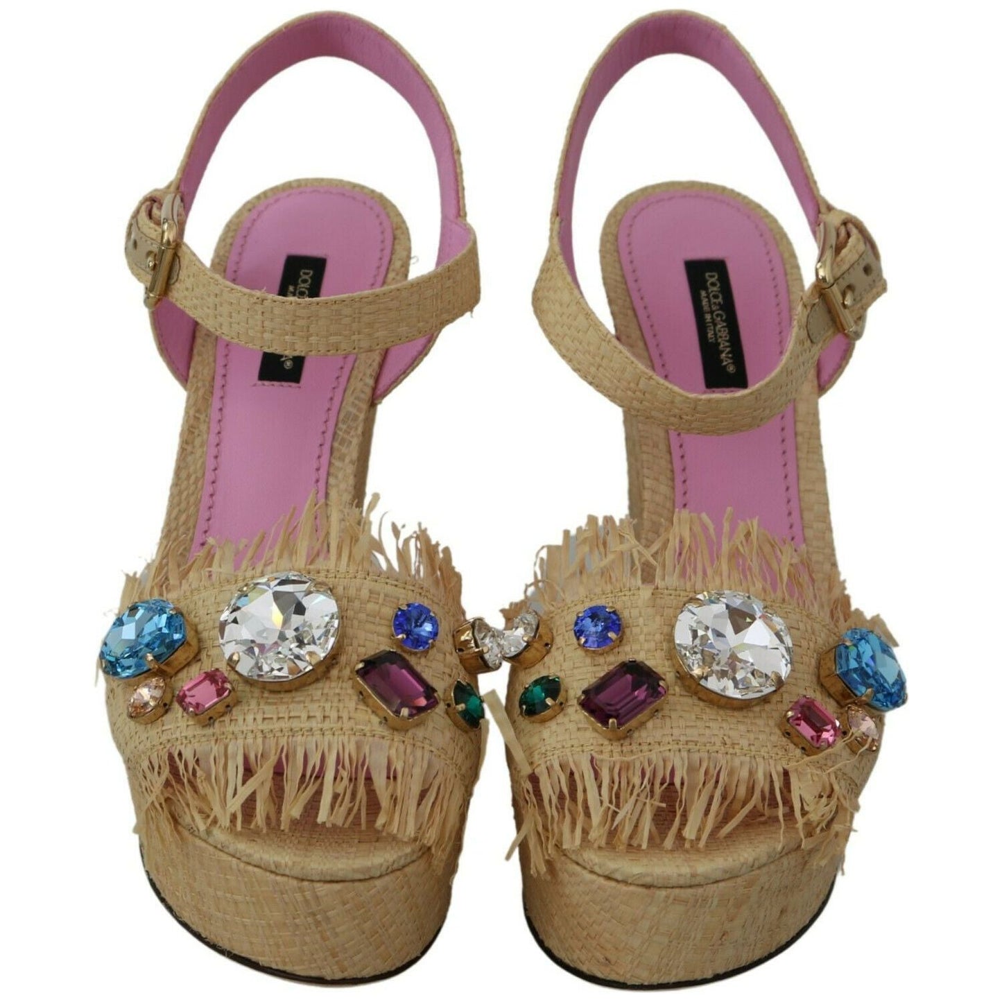 Dolce & Gabbana Beige Silk Strap Wedge Sandals Heeled Wedge beige-rhinestones-wedge-heel-sandals-shoes