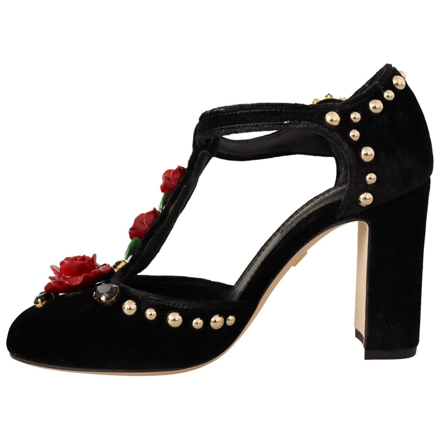 Dolce & Gabbana Elegant Velvet T-Strap Mary Jane Pumps Pumps black-mary-jane-pumps-roses-crystals-shoes