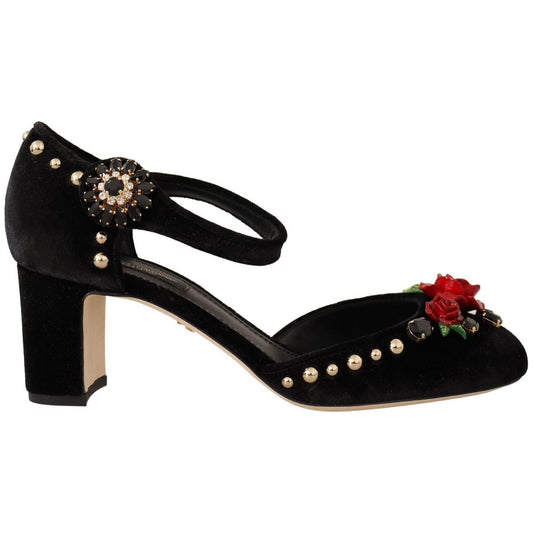 Dolce & Gabbana Elegant Velvet Studded Heels with Floral Accent Pumps black-velvet-roses-ankle-strap-pumps-shoes