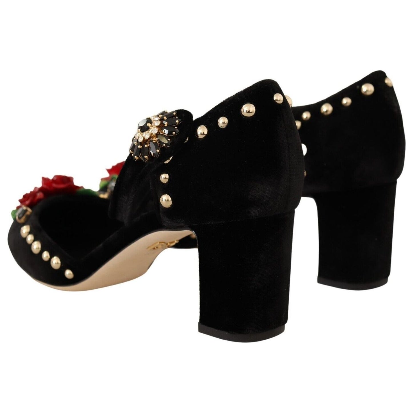 Dolce & Gabbana Elegant Velvet Studded Heels with Floral Accent Pumps black-velvet-roses-ankle-strap-pumps-shoes