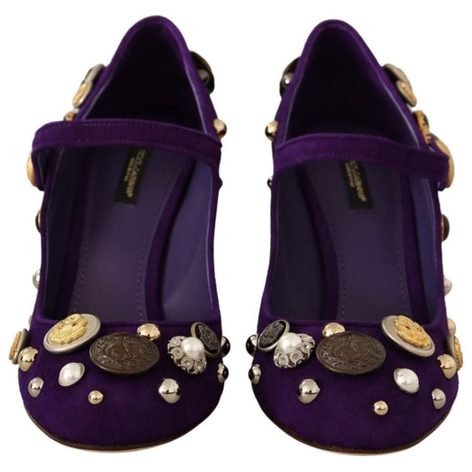 Dolce & Gabbana Elegant Suede Heels with Jewel Buttons Pumps purple-suede-embellished-pump-mary-jane-shoes