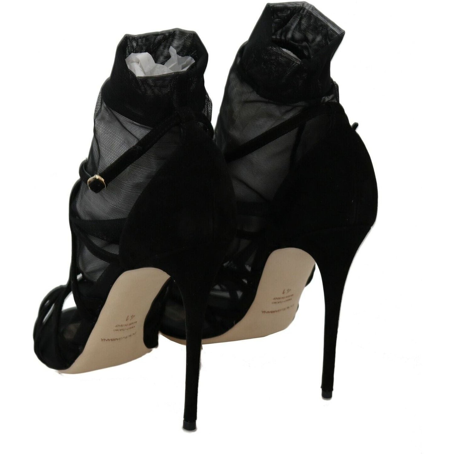 Dolce & Gabbana Black Suede Tulle Ankle Boot Sandals Heeled Sandals black-suede-tulle-ankle-boots-sandal-shoes