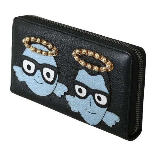 Dolce & Gabbana Elegant Black Leather Zip Wallet black-blue-leather-dgfamily-zipper-continental-wallet