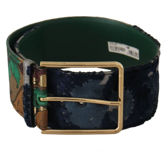Dolce & Gabbana Elegant Leather Belt with Engraved Buckle green-jaquard-embroid-leather-gold-metal-belt