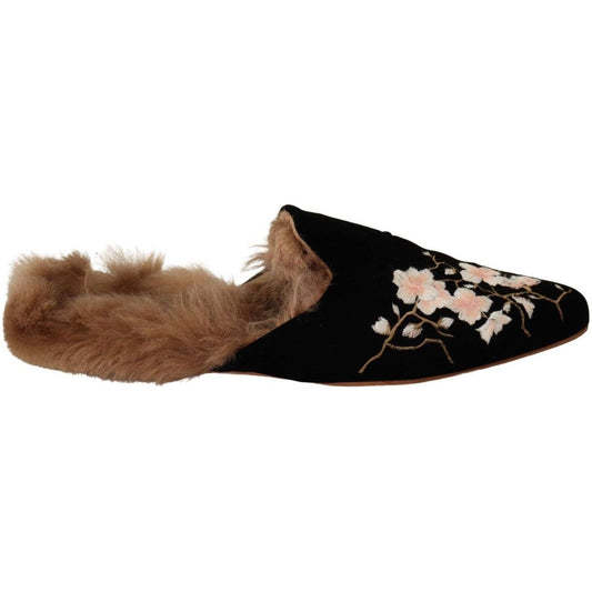 GIA COUTURE Chic Black Velvet Floral Embroidered Slides Women Slip On black-velvet-floral-fur-slip-on-flats-shoes