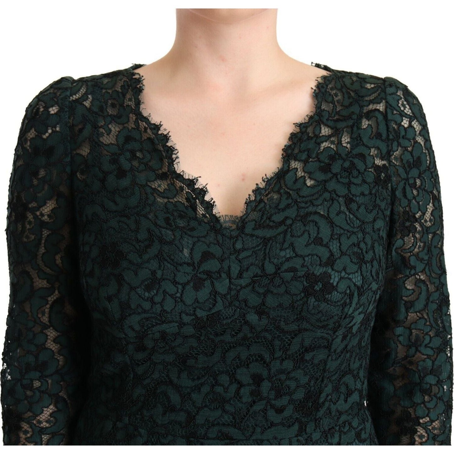 Dolce & Gabbana Elegant Lace Floor-Length V-Neck Dress green-floral-lace-maxi-floor-length-dress