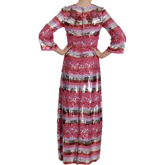 Dolce & Gabbana Opulent Pink Sequined Floor-Length Dress pink-floral-sequined-crystal-gown-dress