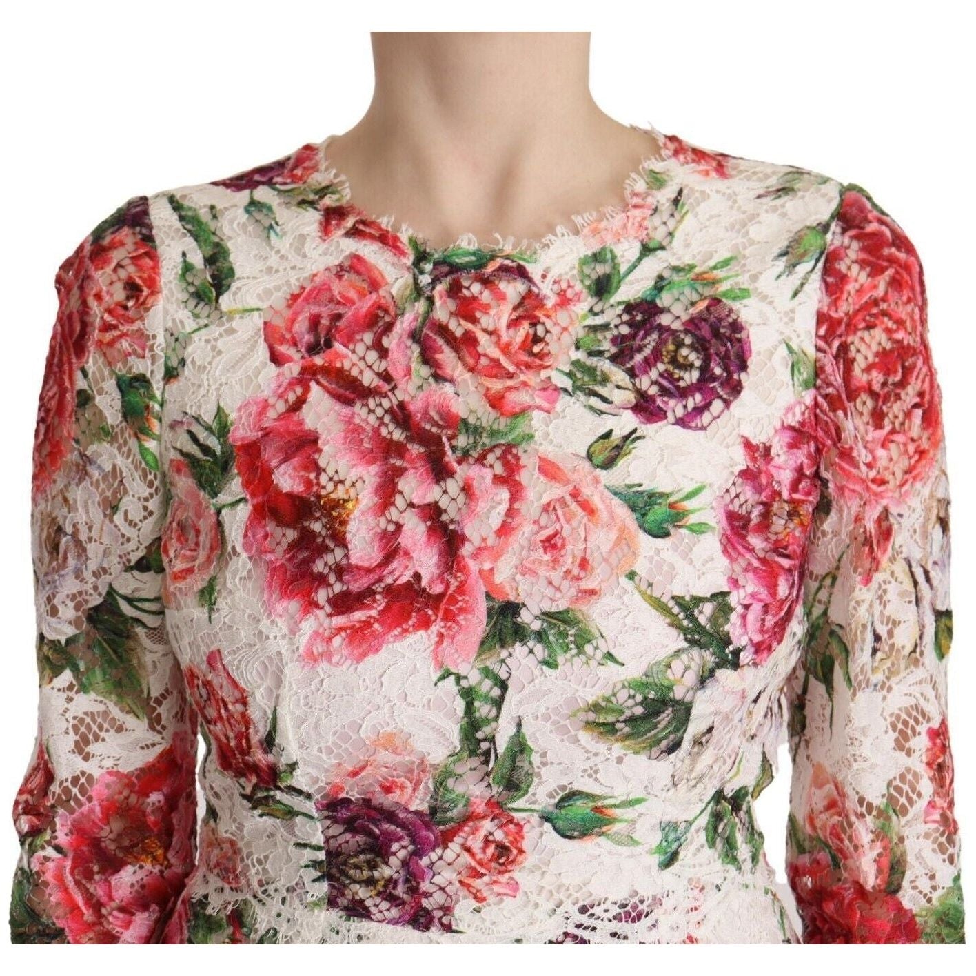 Dolce & Gabbana Elegant Sheath Lace Floral Midi Dress white-floral-lace-long-sleeves-sheath-dress