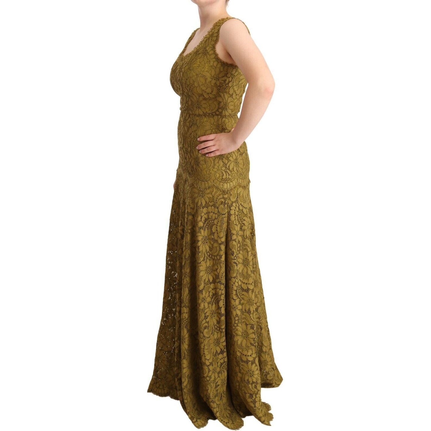 Dolce & Gabbana Elegant Lace Floor-Length Sleeveless Gown brown-floral-lace-maxi-floor-length-dress