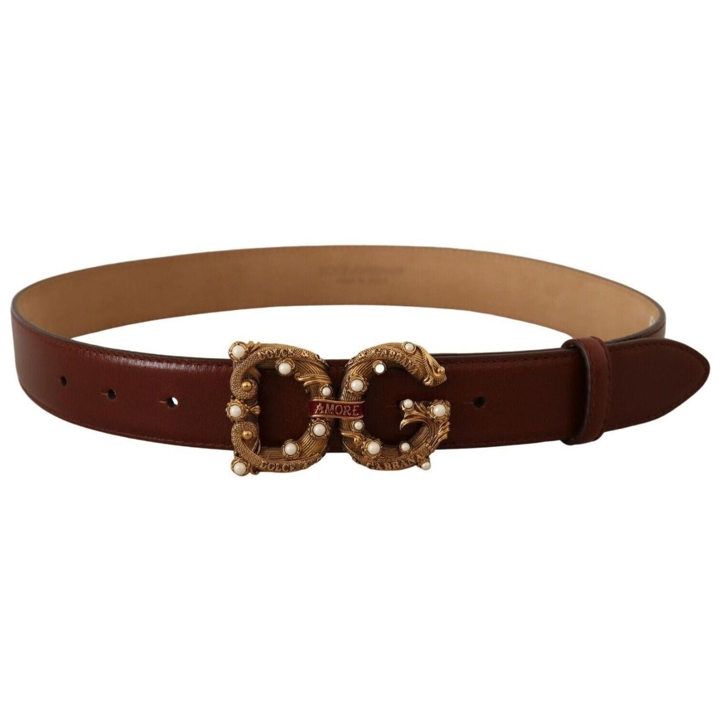 Dolce & Gabbana Elegant Pearl-Embellished Leather Amore Belt WOMAN BELTS brown-leather-brass-logo-buckle-amore-belt