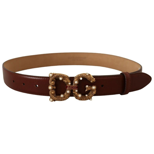 Dolce & Gabbana Elegant Pearl-Embellished Leather Amore Belt WOMAN BELTS brown-leather-brass-logo-buckle-amore-belt